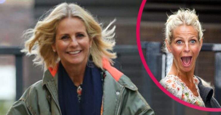 Ulrika Jonsson smiles at the camera in a khaki jacket and navy scarf