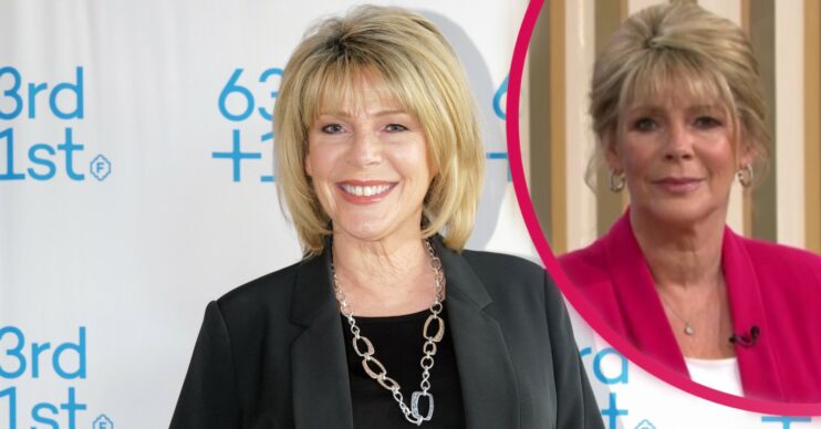 Ruth Langsford smiling wearing a black trouser suit with inset of her in pink blazer and white top with her hair up