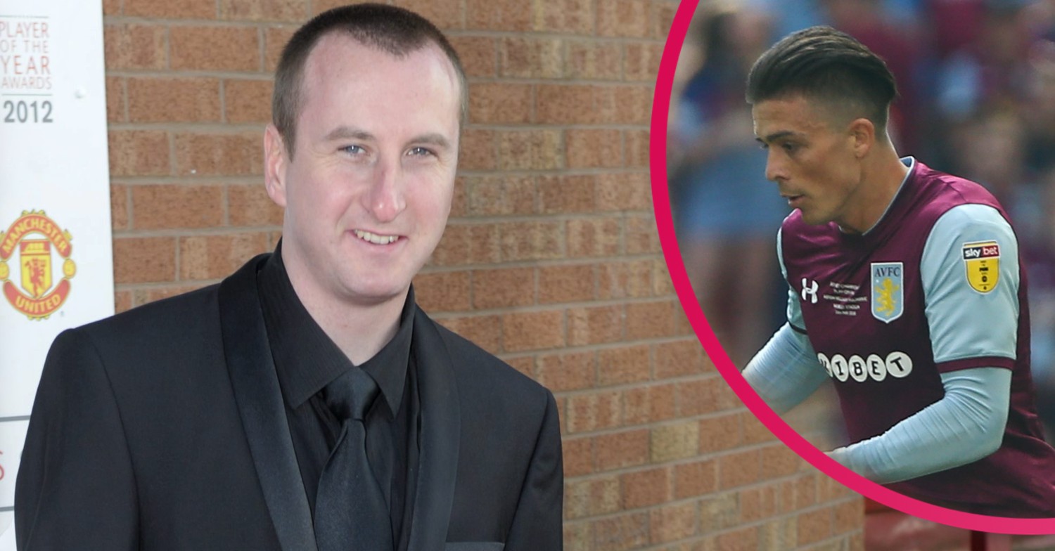 Andy Whyment in a black suit with inset of Jack Grealish playing for Aston Villa