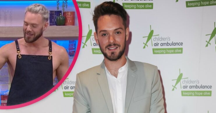 John Whaite with inset of himself cooking topless in an apron