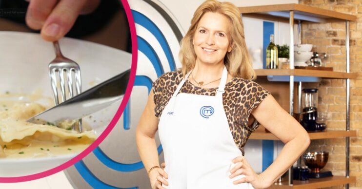 Penny Lancaster poses in her Celebrity Masterchef apron