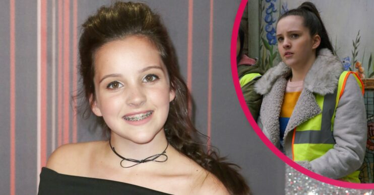 Elle Mulvaney in real life smiling on red carpet with inset of Amy Barlow