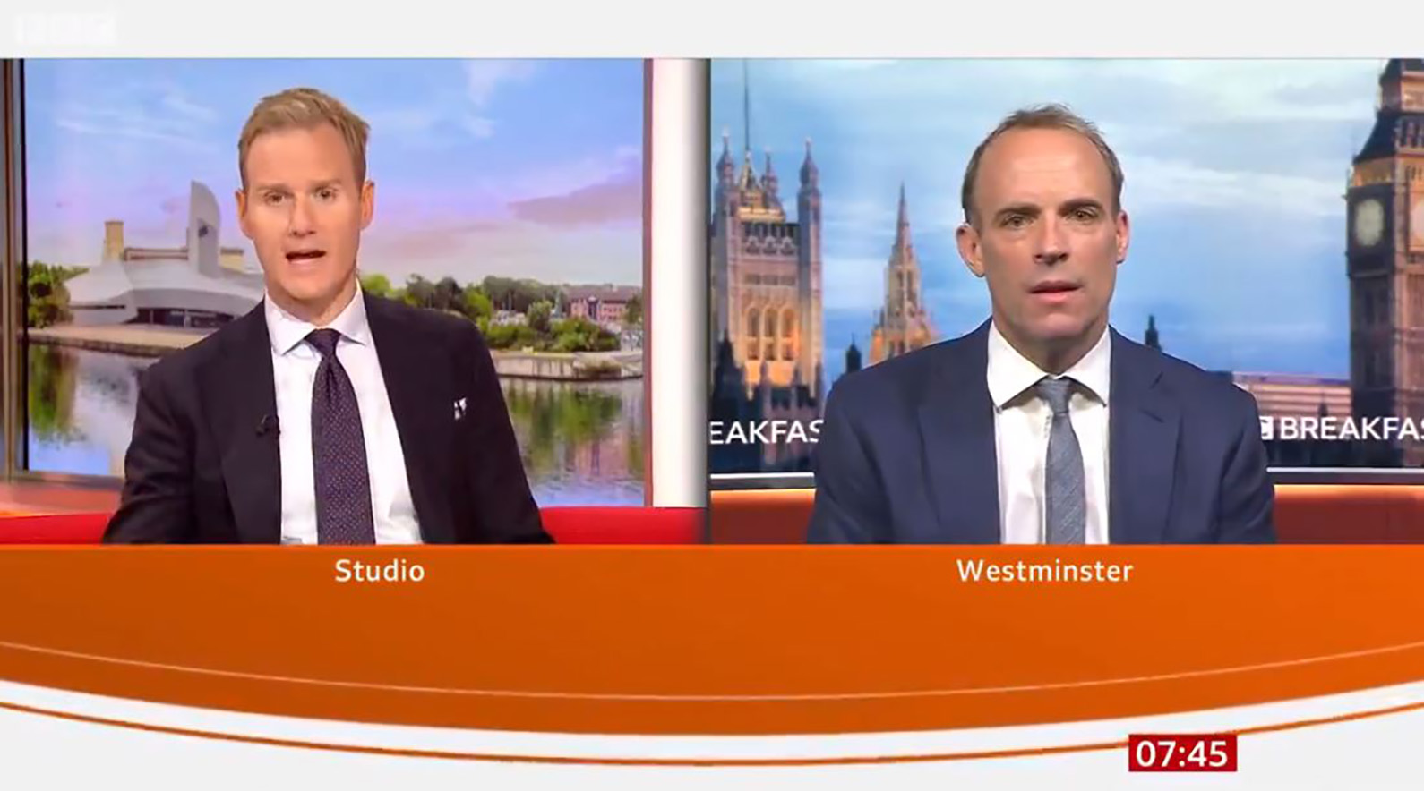 Dan Walker interviews Dominic Raab on BBC Breakfast today