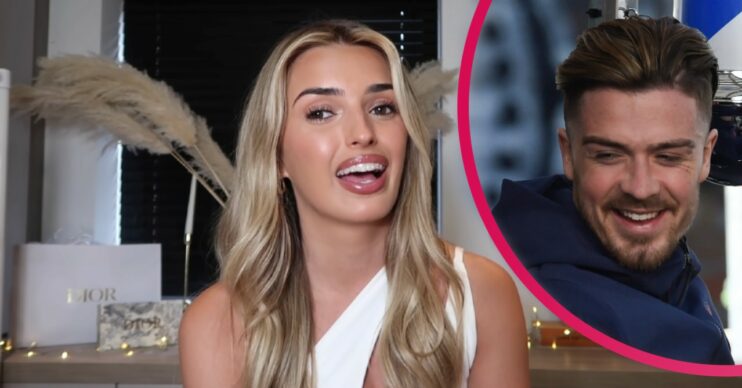 Sasha Attwood speaking on her YouTube channel in a white one shoulder top with a tan with inset of boyfriend Jack Grealish