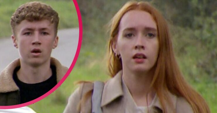 Emmerdale Noah Dingle and Chloe Harris look worried