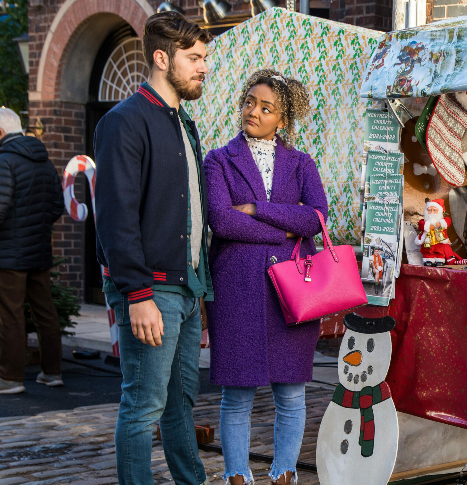 Coronation Street Dec 6 Curtis and Emma talk in the market