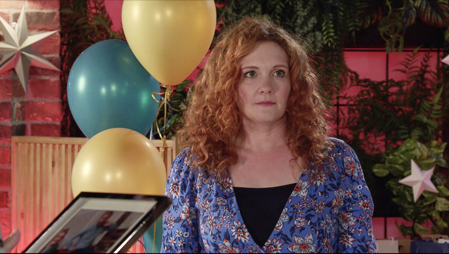 Corrie's Fiz looks sad at Phill's birthday party
