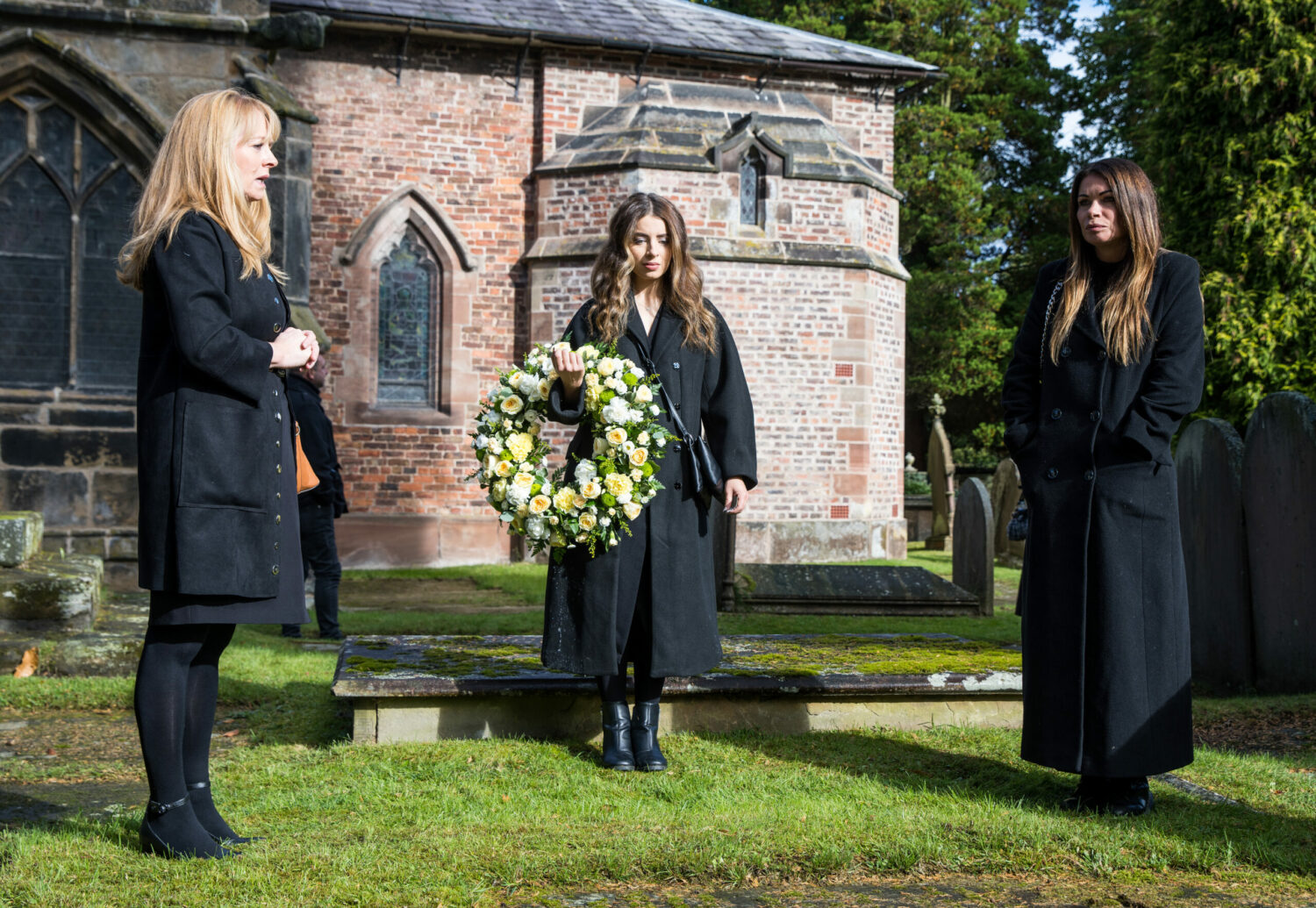 Coronation Street Johnny's funeral with Jenny Daisy and Carla laying a wreath