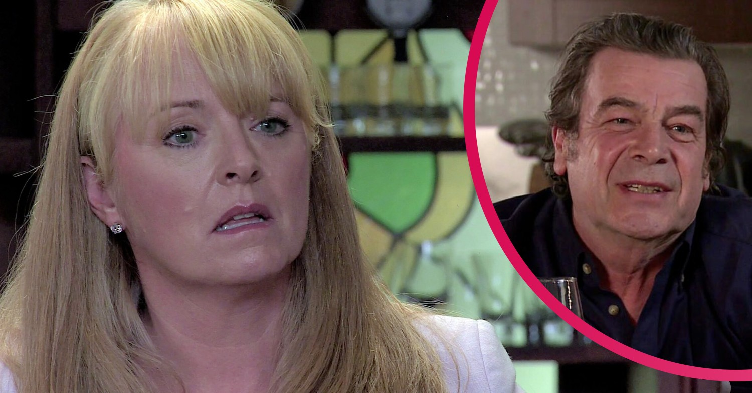 Coronation Street Jenny Connor looks shocked and Johnny Connor looks happy