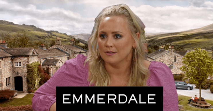 Emmerdale's Tracy with the show logo comp image