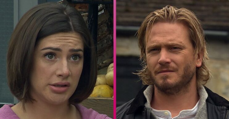 Emmerdale Victoria Sugden and avid Metcalfe look shocked and upset