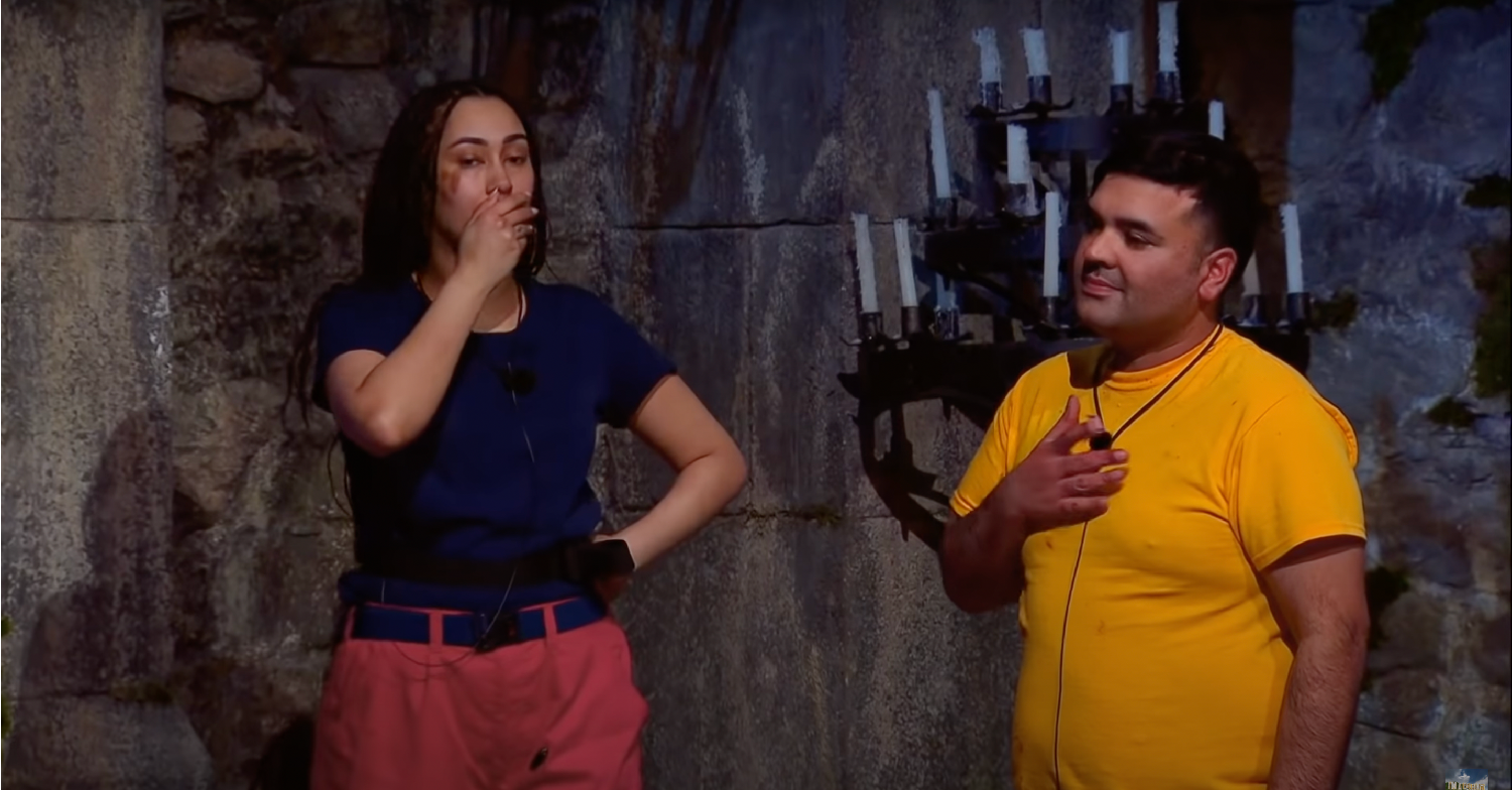 Snoochie Shy and Naughty Boy on I'm A Celebrity after their task. Katie Price mocked Naughty Boy after.