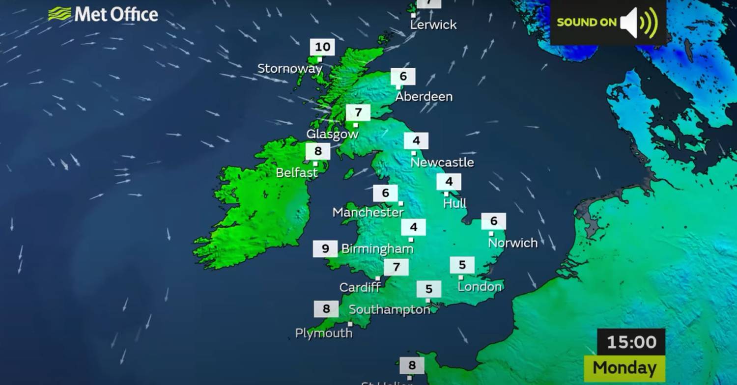 Predicted temperatures across the UK for Monday November 29