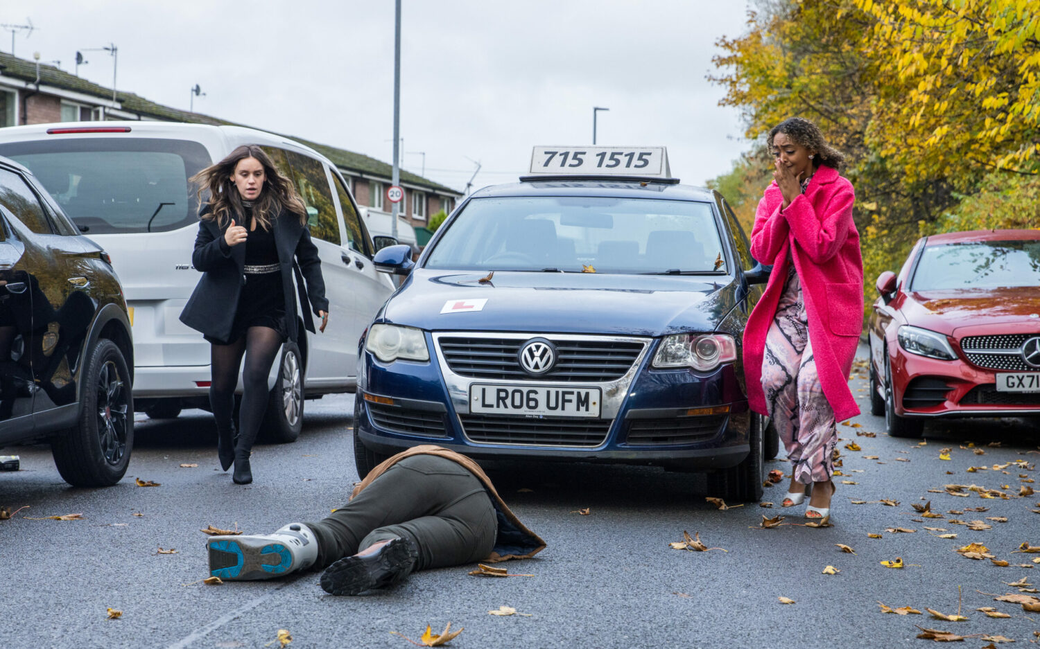 Coronation Street Emma and Faye are horrified when learner driver Faye knocks over old man Ted