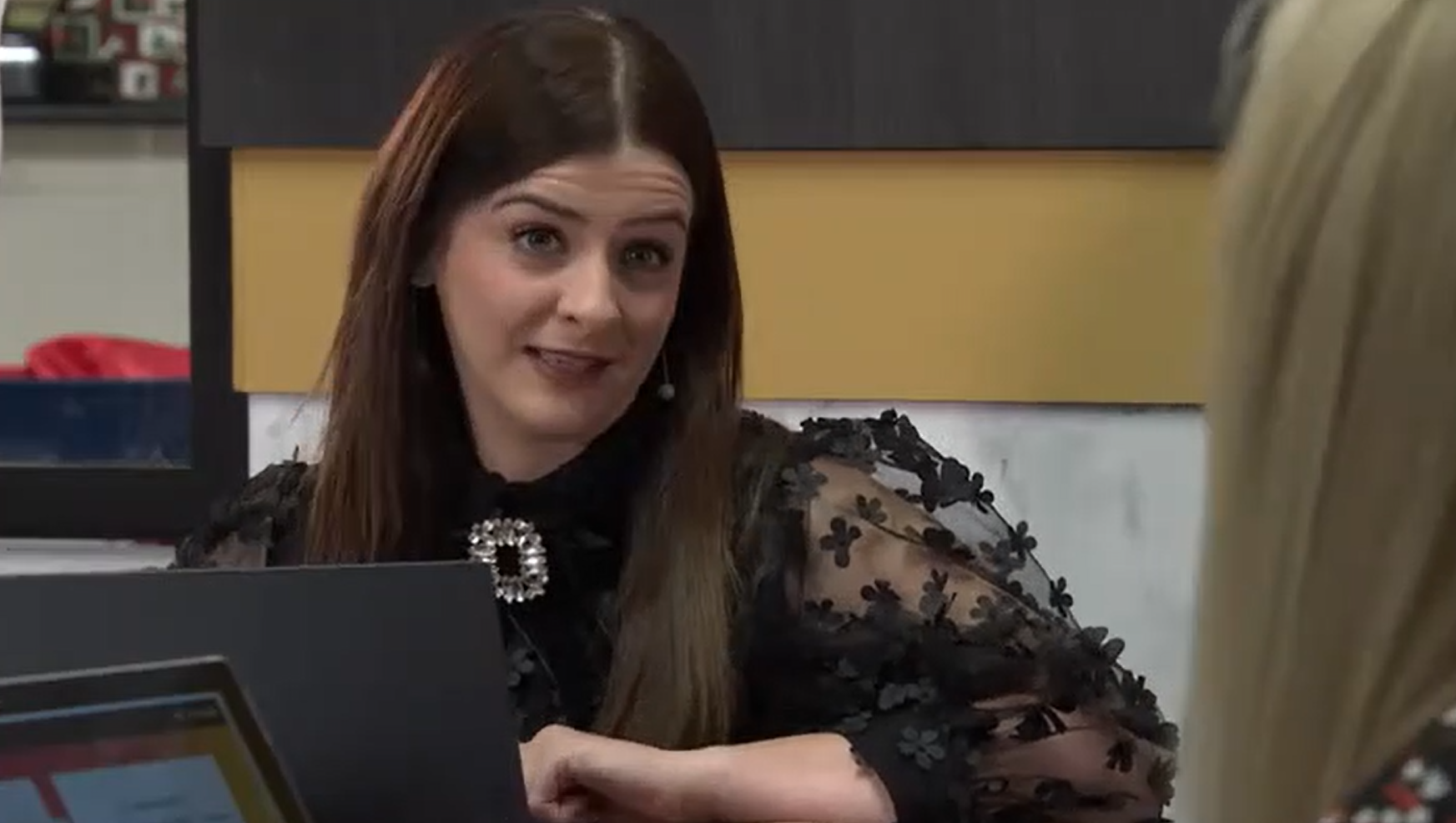 Coronation Street Lydia in a business meeting with Sarah