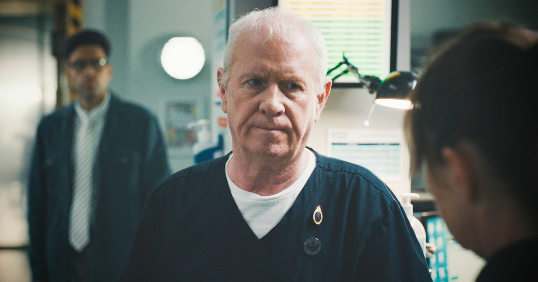 Casualty star Derek Thompson looking gloom as Charlie is in danger in this week's Casualty (Credit: BBC)