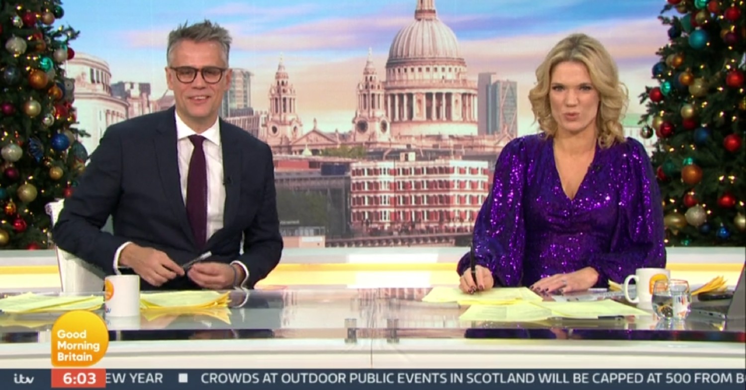 Charlotte Hawkins in purple dress on GMB today