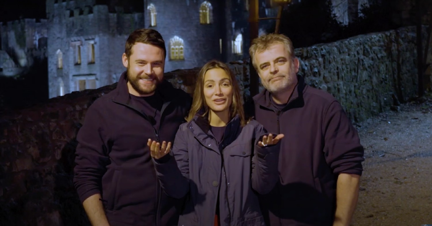 i'm a celebrity finalists Frankie Bridge, simon gregson and danny miller outside Gwrych Castle