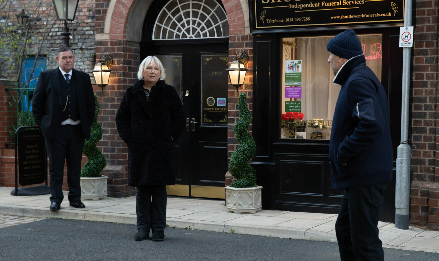 Coronation Street Mon 17 Jan Tim pays George a visit to sort out his own funeral. When Eileen discovers what is going on Tim swears her to secrecy. 