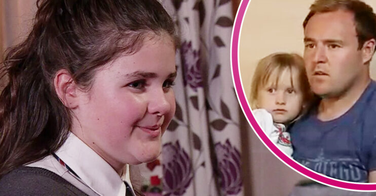 Coronation Street's Hope Stape, and in a bubble is young Hope with Tyrone