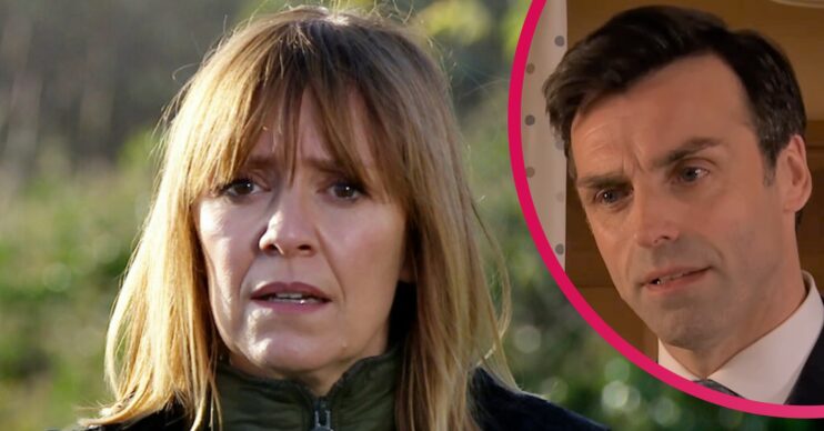 Emmerdale Rhona looks shocked Pierce is angry comp