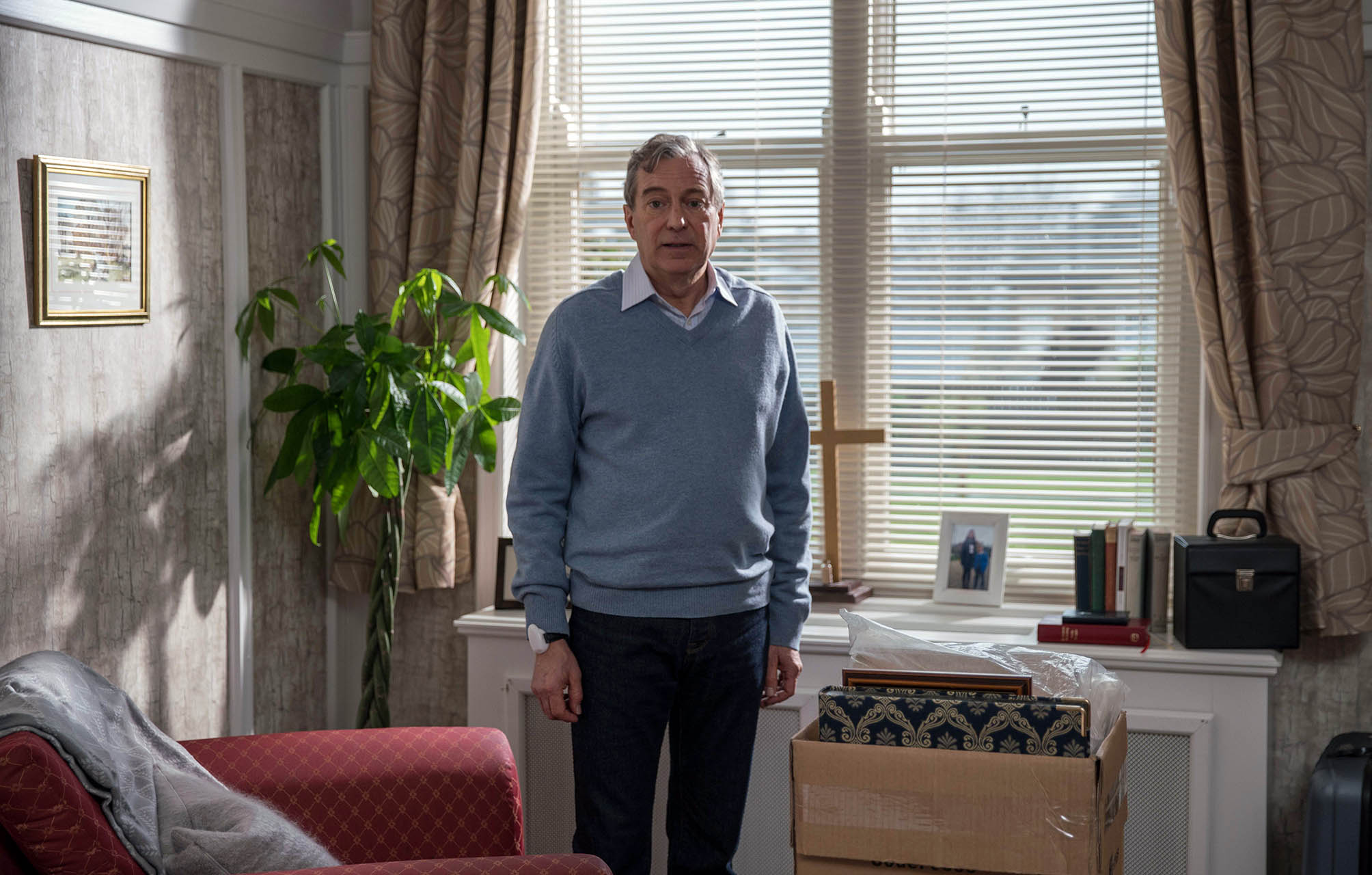 Emmerdale Ashley looks confused and worried at the care home