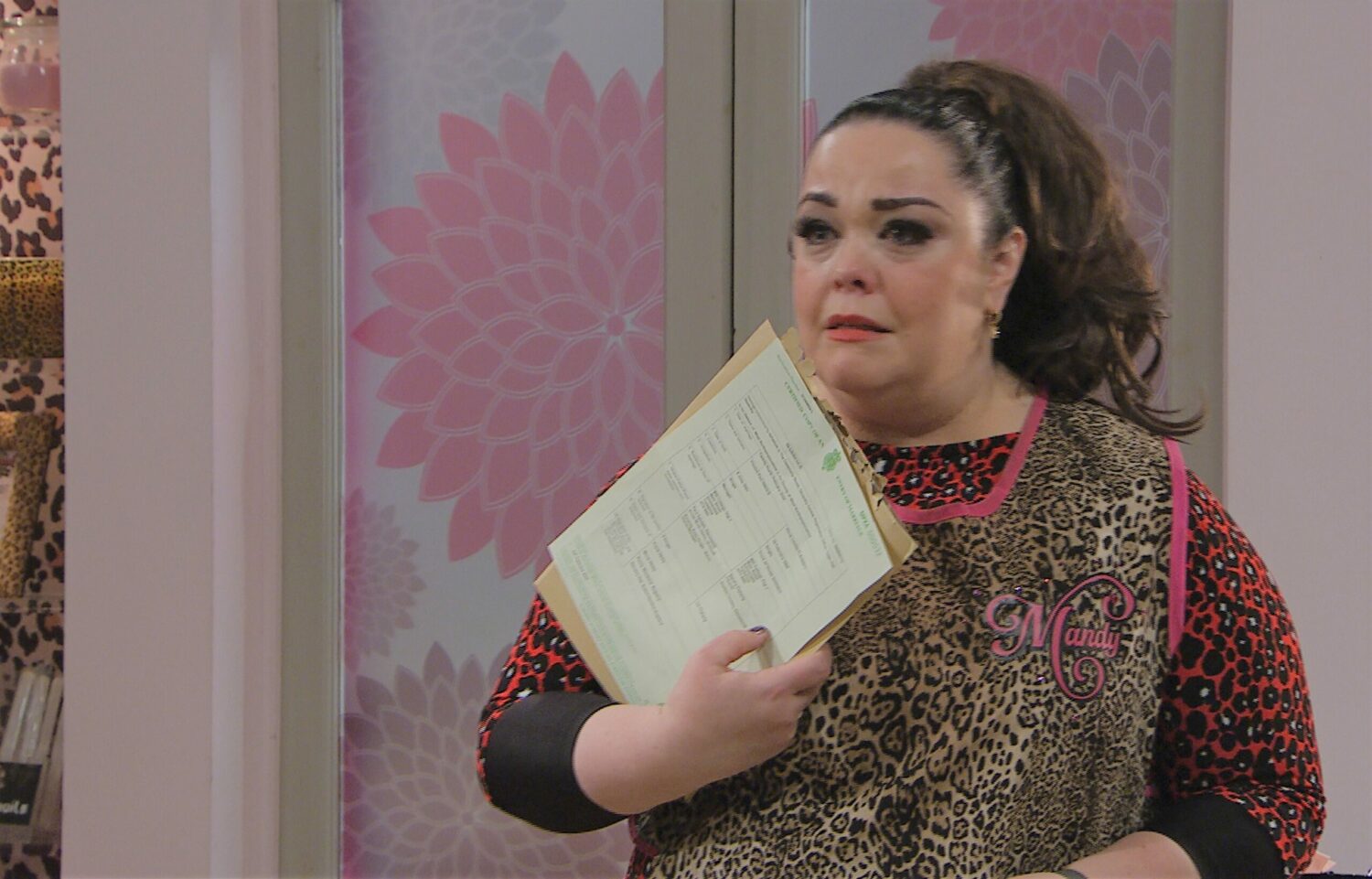 Emmerdale Mandy upset in the salon as she finds Vinny's marriage certificate
