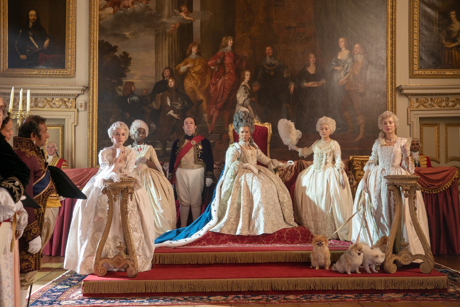 Bridgerton's Queen Charlotte sitting on her throne