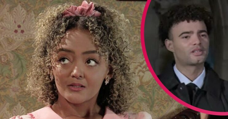 Coronation Street Emma Brooker looks confused with Jon in a circle