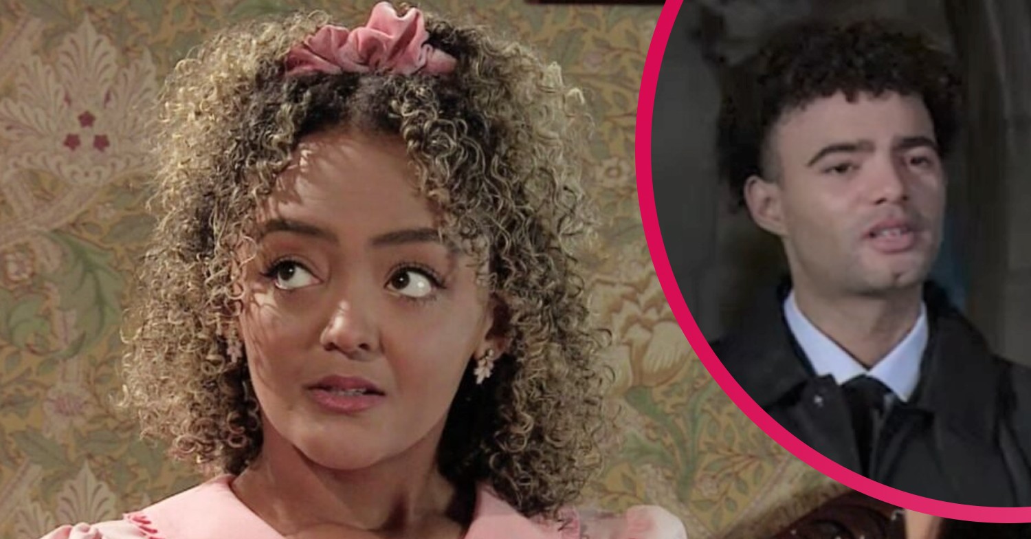 Coronation Street Emma Brooker looks confused with Jon in a circle