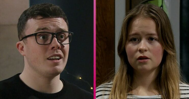 Emmerdale Vinny looks confused and Liv looks stunned