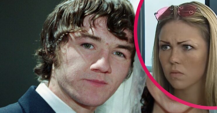 Emmerdale Roy Glover smiles as he marries Kelly Windsor who is cross when he dumps her