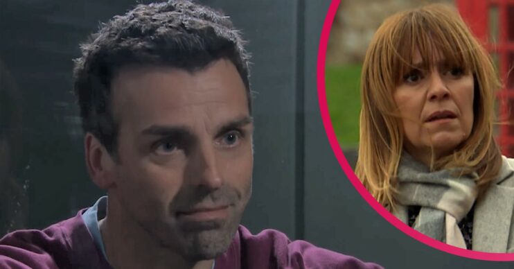 Emmerdale Pierce Harris looks forlorn in prison while Rhona looks concerned comp image