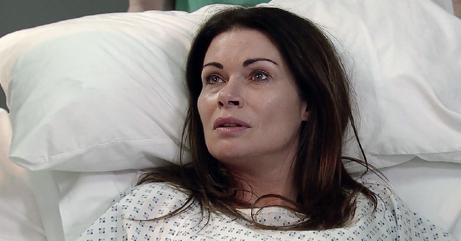 Carla looks scared in hospital bed in Coronation Street (Credit: ITV)