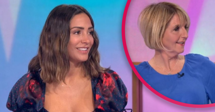 Frankie Bridge smiling in a lovely dress on Loose Women and Kaye Adams in blue
