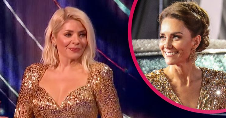 Holly on the Dancing on Ice final in a gold dress