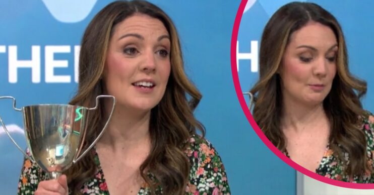 Laura Tobin: GMB viewers in hysterics after weather presenter 'turns up to work late' and spills her drink on set