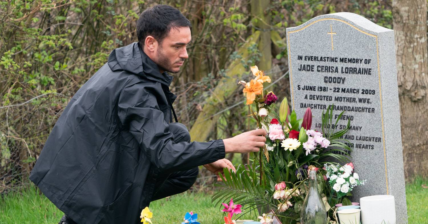 Jack Tweed tending to the grave of late wife Jade Goody
