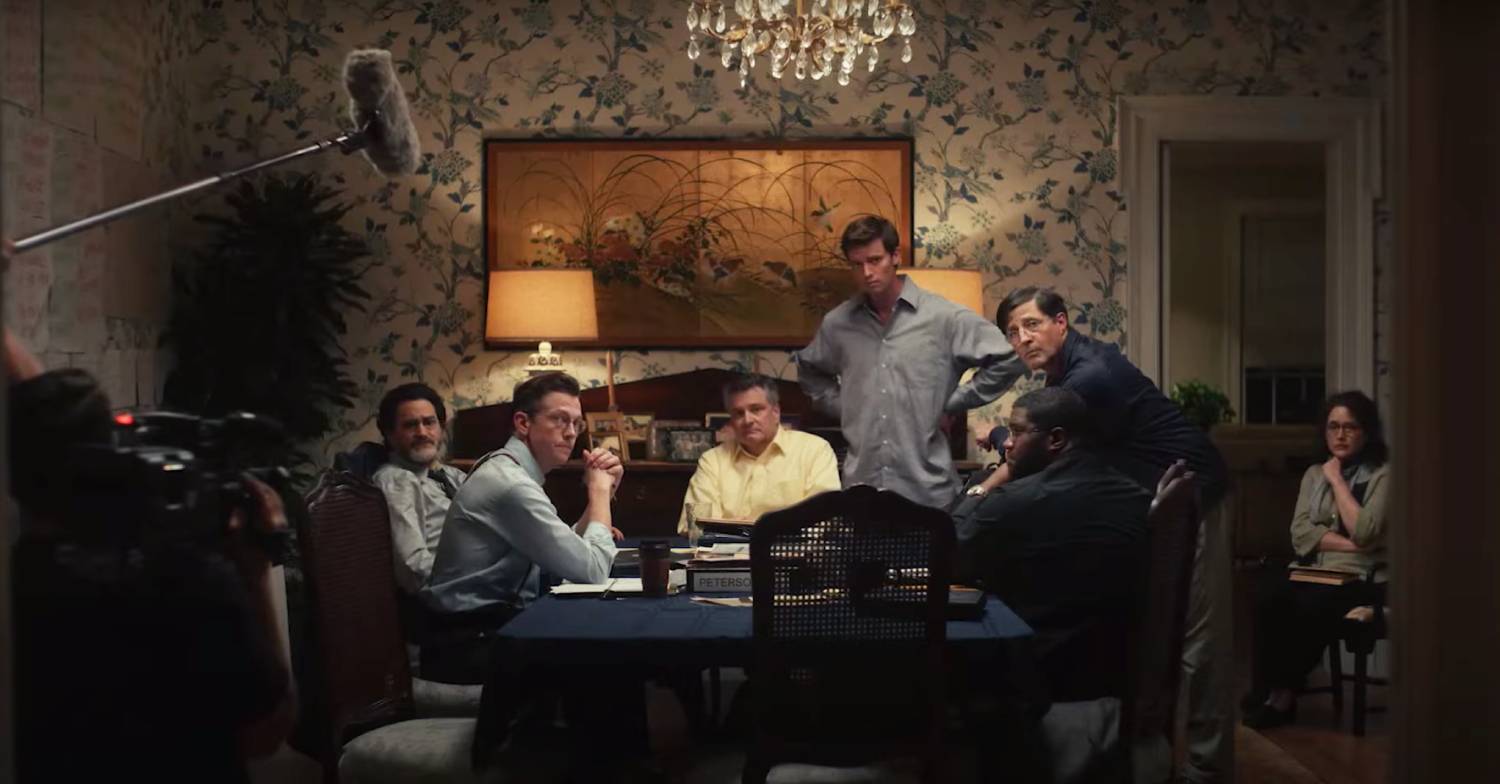 Cast shot of The Staircase including Colin Firth as Michael Peterson