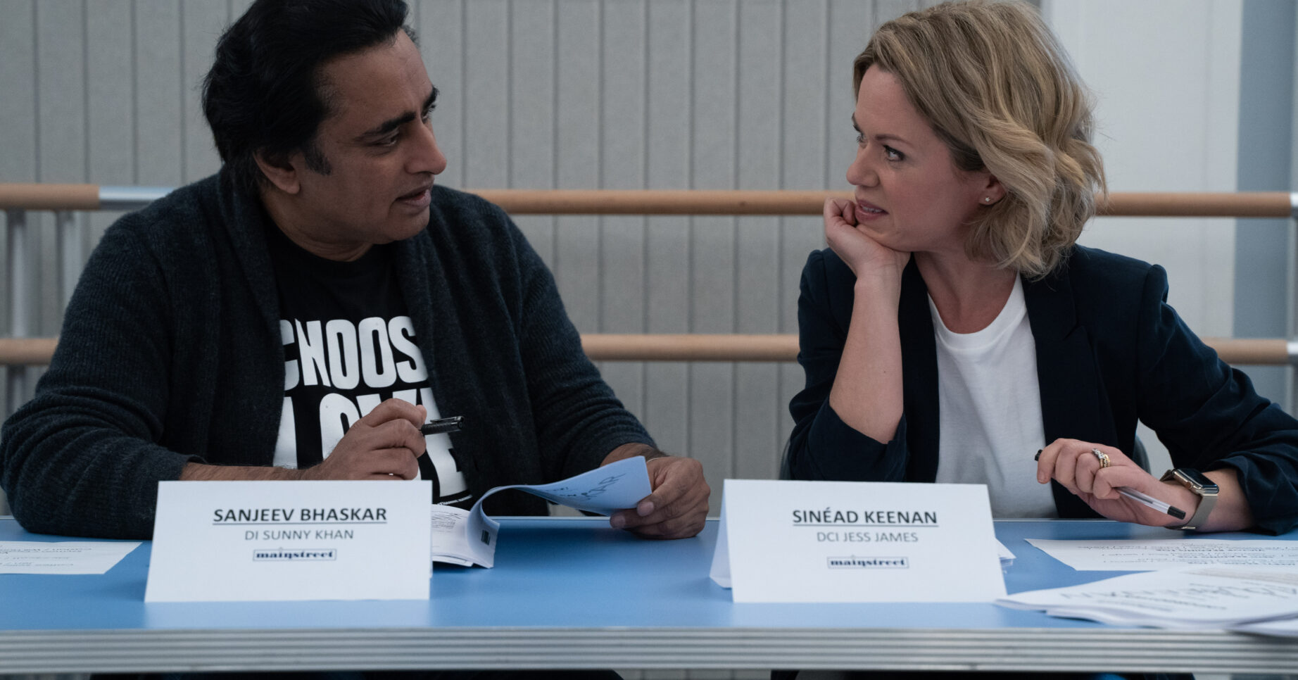Sanjeev Bhaskar reading scripts with new Unforgotten co-star Sinead Keenan