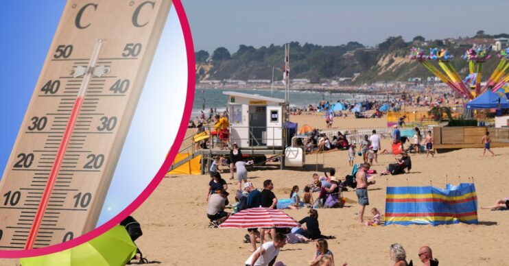 People sunbathing on Bournemouth beach during UK heatwave. Thermometer in the sun.