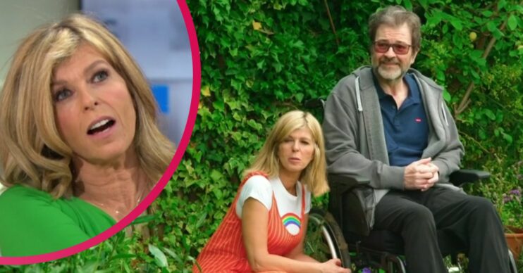 Kate Garraway talking on GMB. Kate Garraway squatting next to Derek Draper, who's sat in his wheelchair, in their garden.