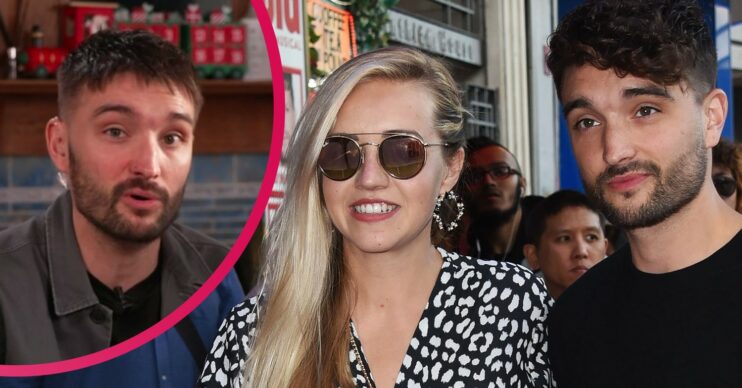 Tom Parker speaking to camera. Kelsey Hardwick and Tom Parker posing for pictures at red carpet event.
