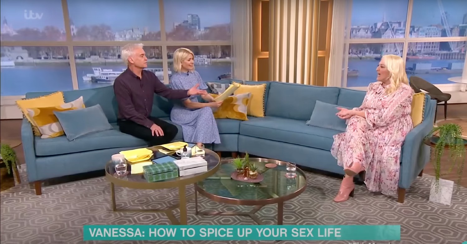 Phillip schofield, holly willoughby, and vanessa feltz on this morning sofa