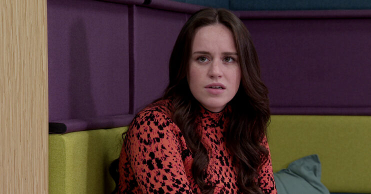 Faye in Coronation Street looking concerned