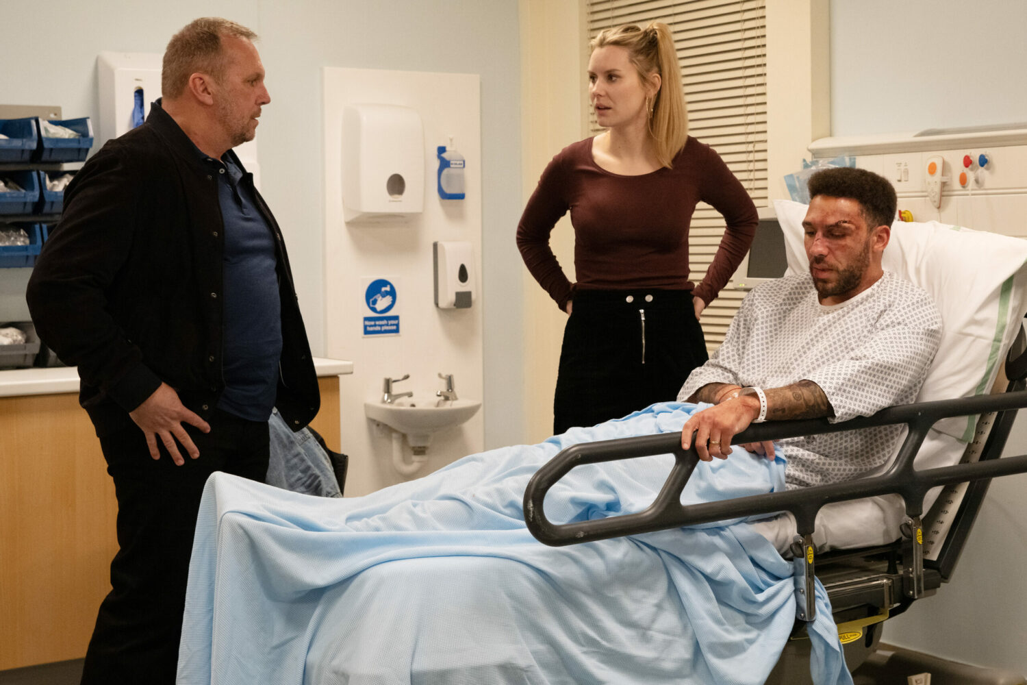 Emmerdale Billy, Will, Dawn. Billy in hospital bed beaten up