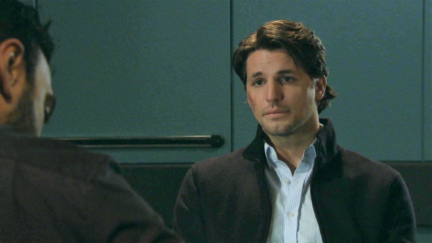Jordan Greenlow in the police station in Emmerdale 
