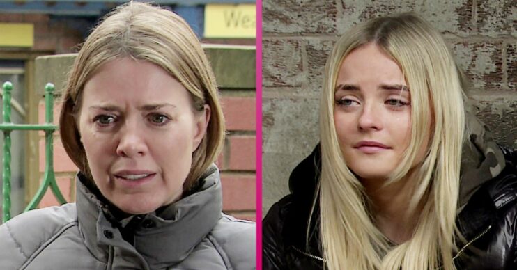 Abi looking concerned and Kelly in tears in Coronation Street