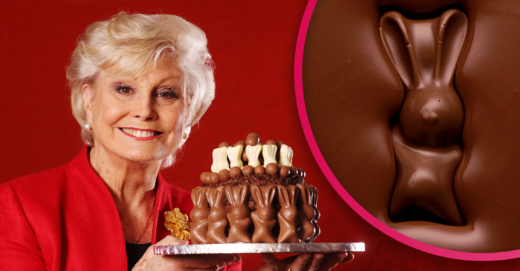 Angela Rippon holding an Malteser bunny cake for Easter 2022