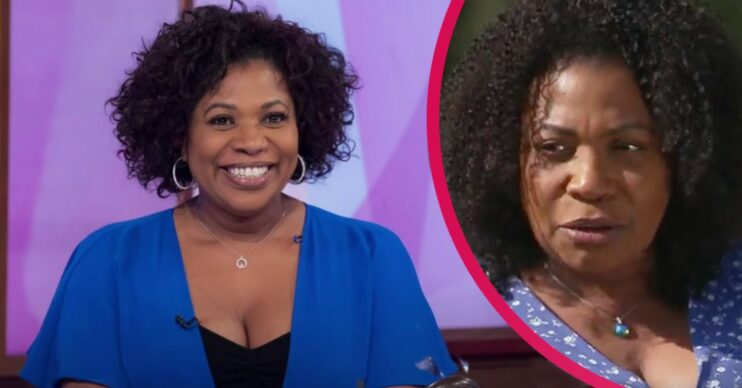 Brenda Edwards smiles in blue top on Loose Women
